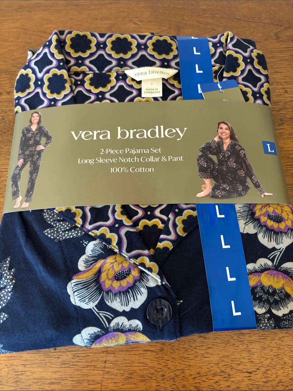 Vera Bradley Navy Floral 2-Piece Pajama Set 100% Cotton - size Large